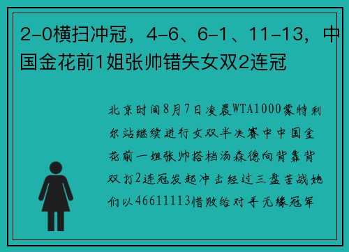 2-0横扫冲冠，4-6、6-1、11-13，中国金花前1姐张帅错失女双2连冠